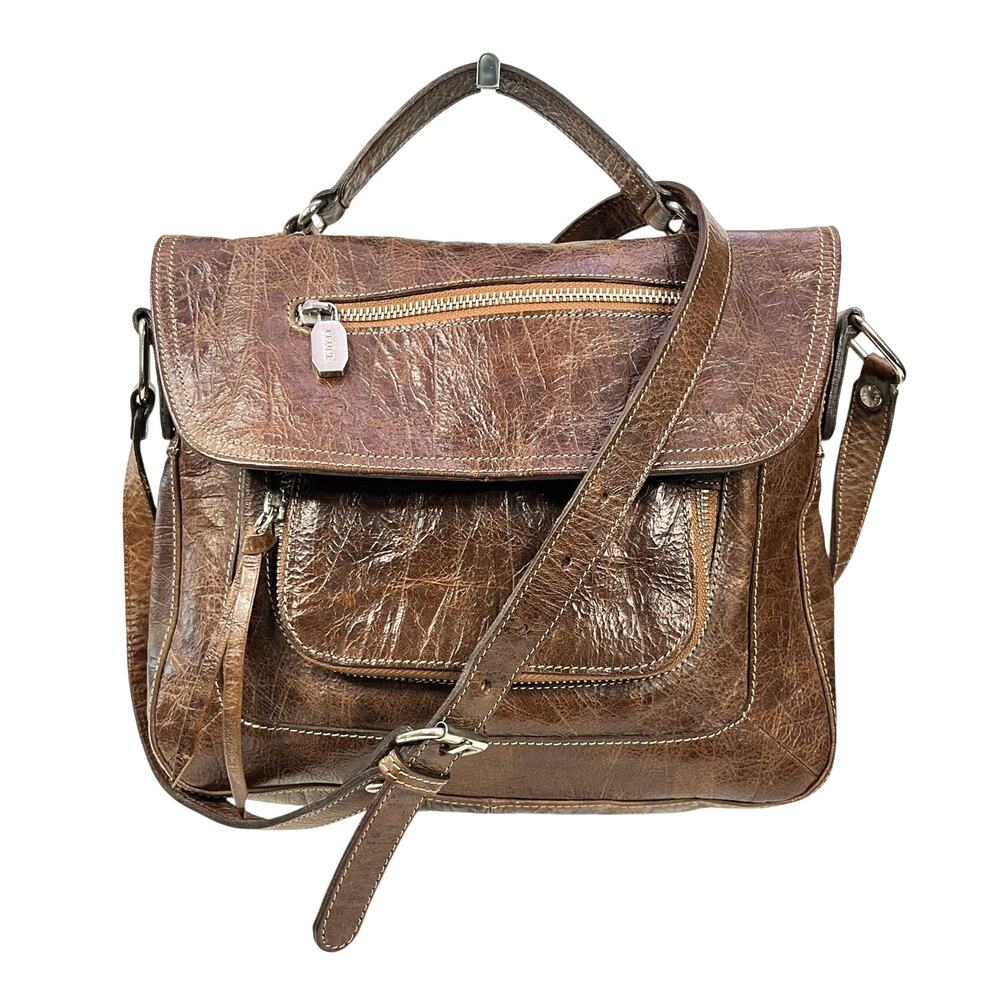 Prune Distressed Brown Leather Crossbody Bag Flap Front Zip Pockets Argentina